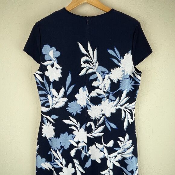 ~ St. John 10 Luxury Knit Midi Dress Navy Floral Cap Sleeve Flounce Hem Jacquard - Picture 2 of 16